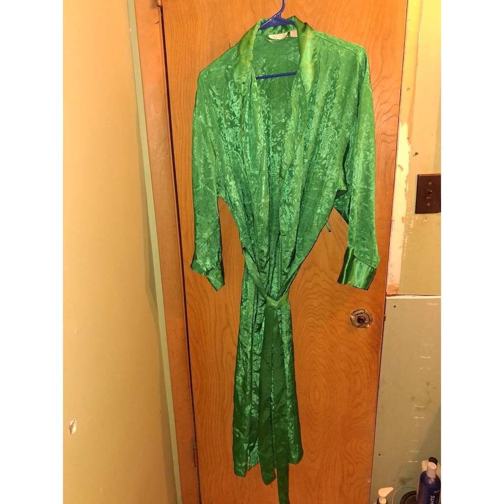 Vintage 1980-1990 VICTORIA SECRET Emerald Green Jacquared Saatin Duster Robe...